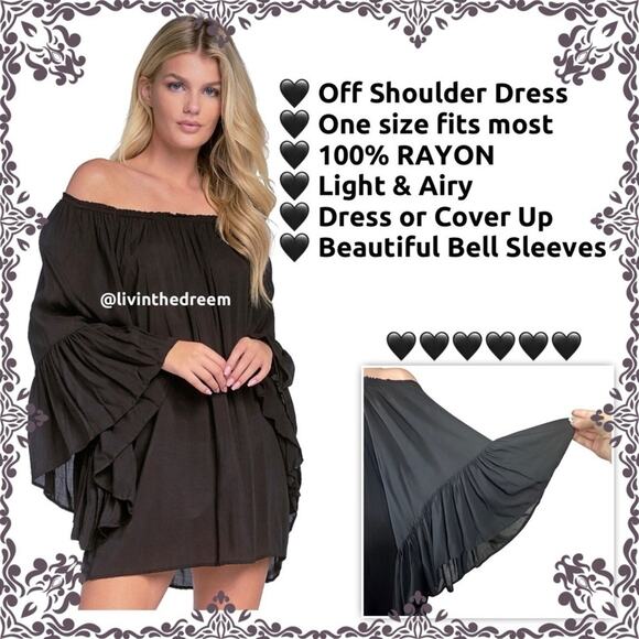 ELAN OFF SHOULDER TOP /MINI DRESS W/RUFFLE BELL SLEEVE One Size $89.99 - Picture 1 of 16